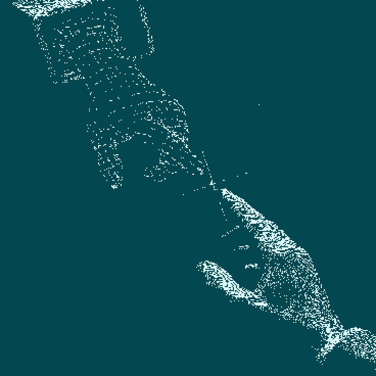 Dithered image of a human and machine hand reaching toward each other